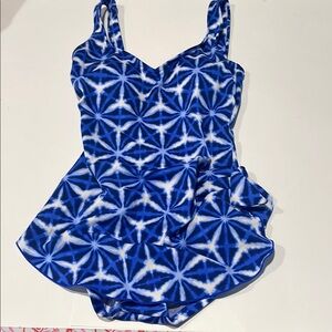 Maxine of Hollywood spa suit blue white navy print NWT one piece skirt